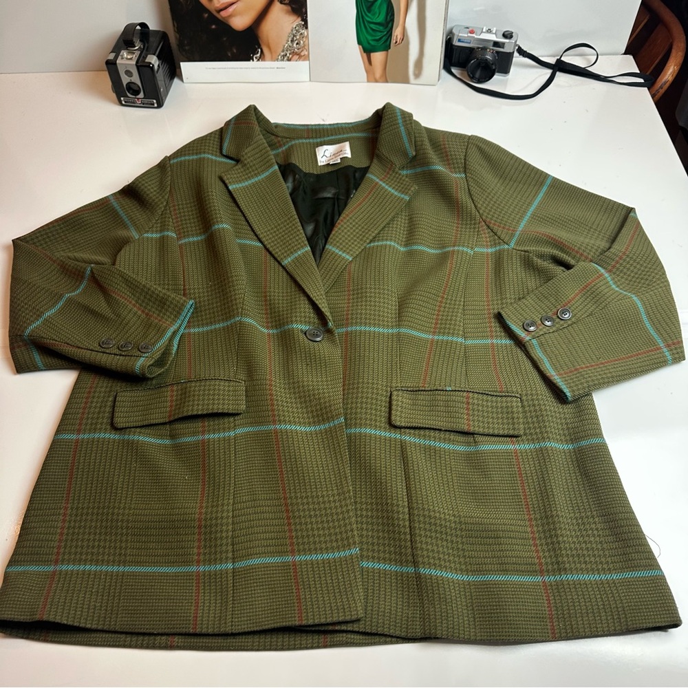 Linea Louis Dell’Olio Wool Blend Plaid Blazer 26W Olive Equestrian Academia